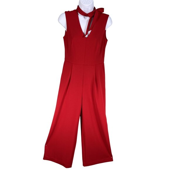 Calvin Klein Womens 4 Red Tie Neck Wide Leg Jumpsuit Sleeveless Back Gold Zipper - Picture 1 of 16